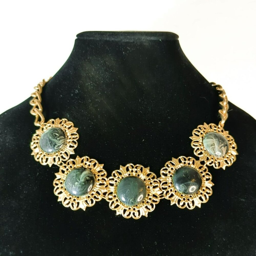 Vintage Gold-Tone Filigree Statement Necklace With Black Marbled Cabochons